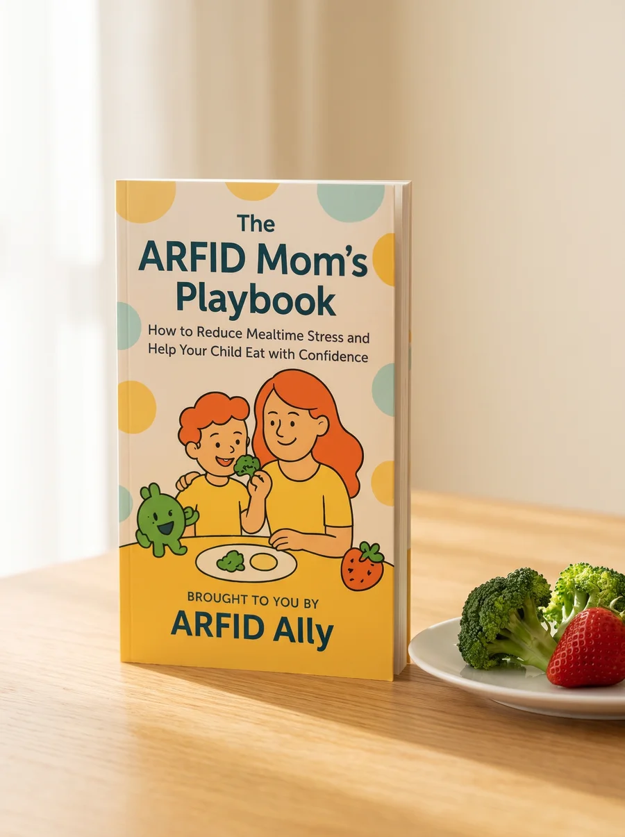 The ARFID Mom's Playbook paperback standing on a kitchen table in soft morning light, next to a small plate with broccoli and a strawberry