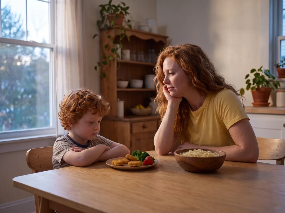 A mother rests her chin on her hand at the dinner table at dusk, looking gently at her son, who sits with his arms crossed beside an untouched plate