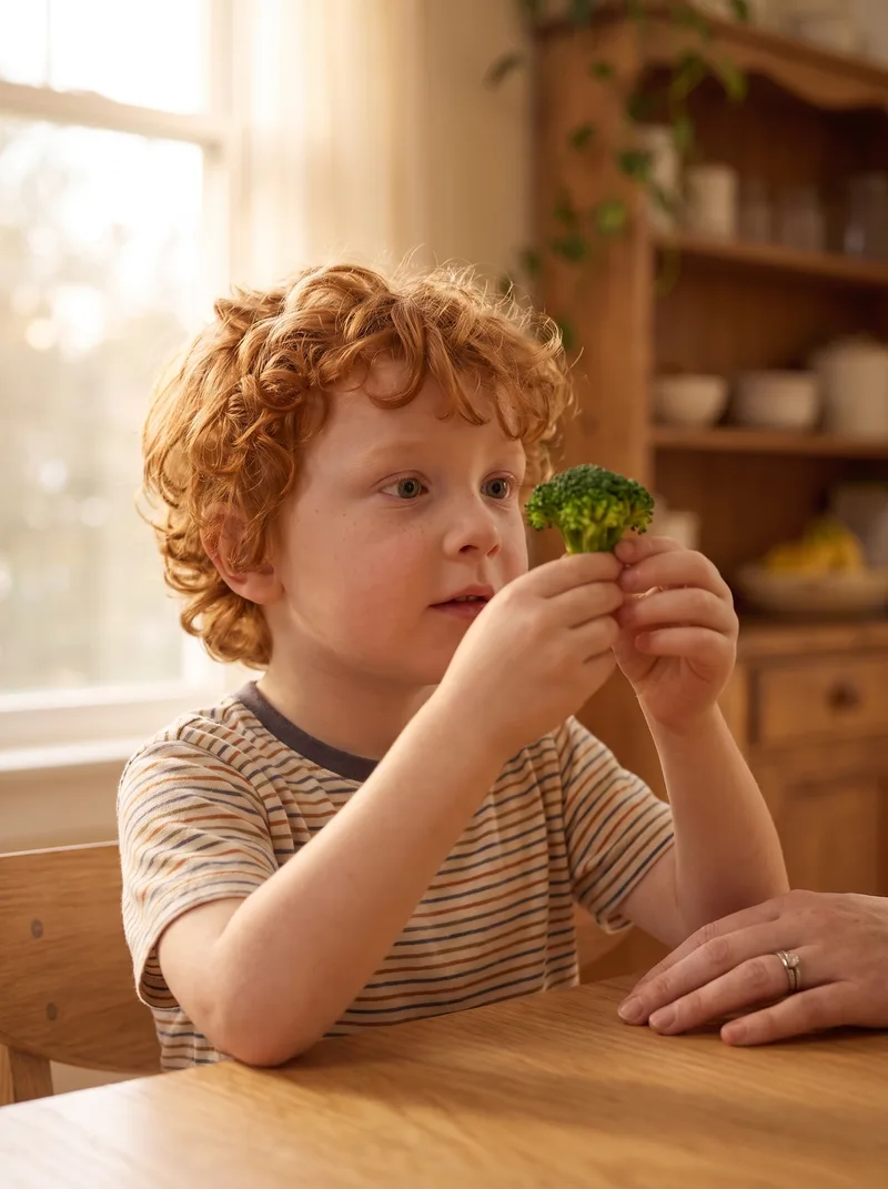 The boy holds a single broccoli floret up with both hands, studying it with curiosity