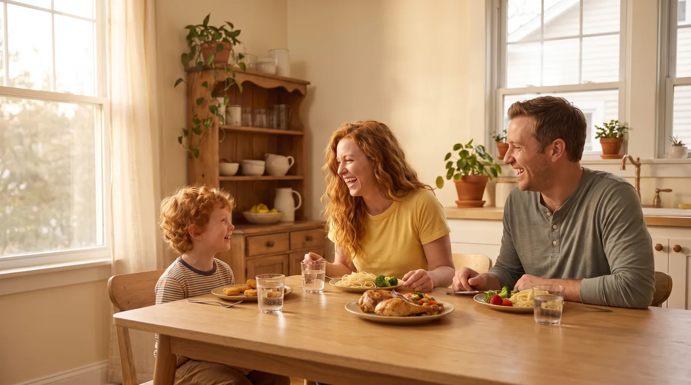The whole family relaxed and laughing together at the dinner table at golden hour