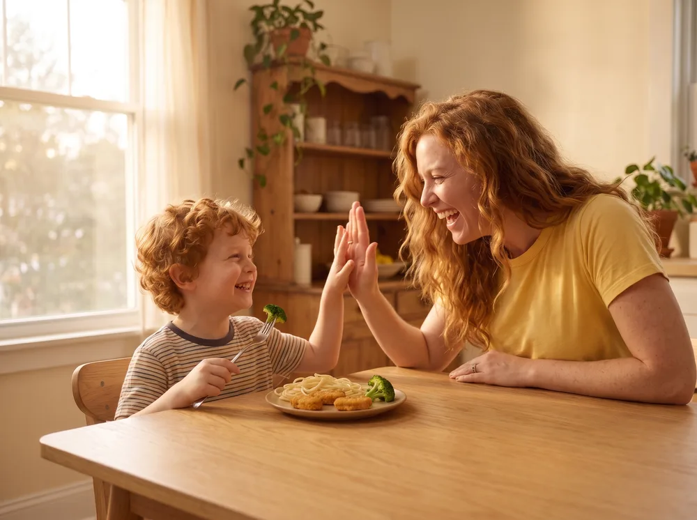 The boy grins after a tiny bite of something new while his mother gives him a gentle high-five across the table